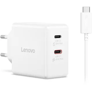 Carregador GaN 2x USB-C + Cabo 1.5m Lenovo 65W - Branco