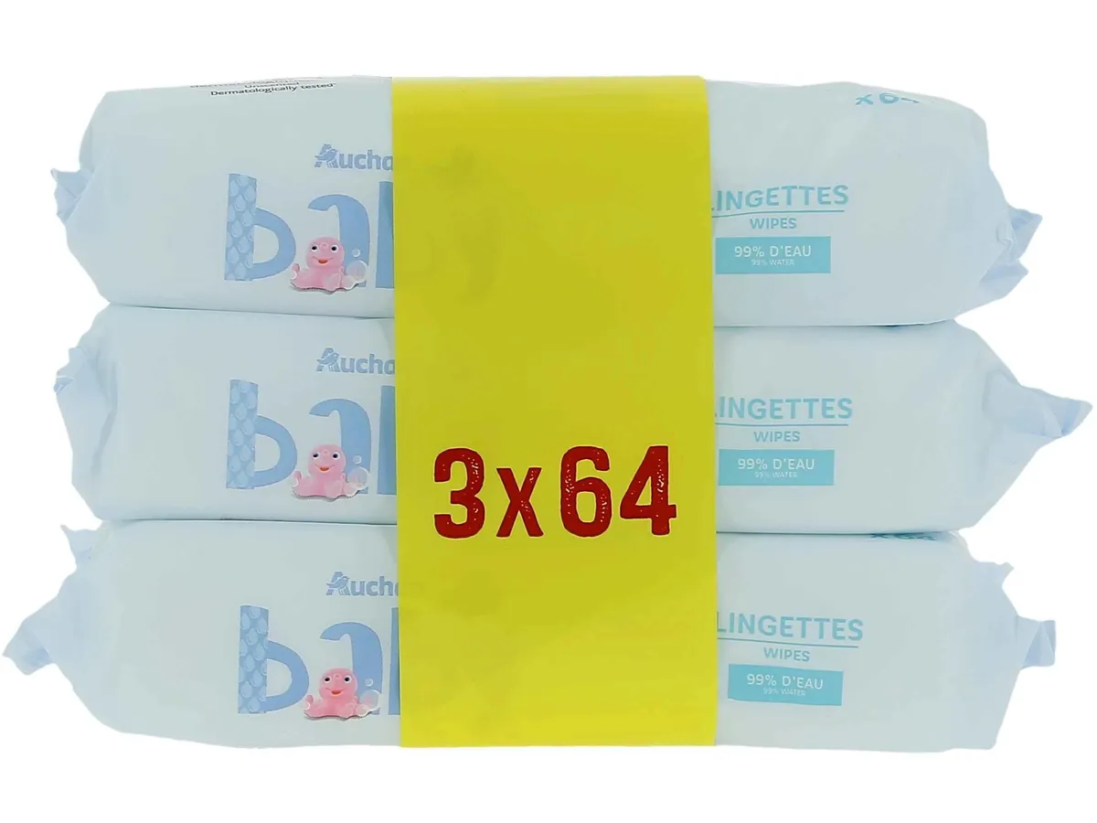 Toalhitas Auchan BABY com 99% água 3 x 64un