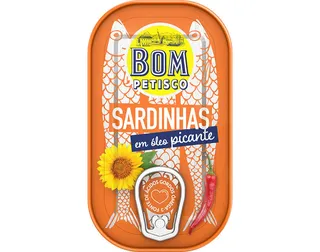 Sardinha inteira BOM Petisco em óleo picante 120(84)g