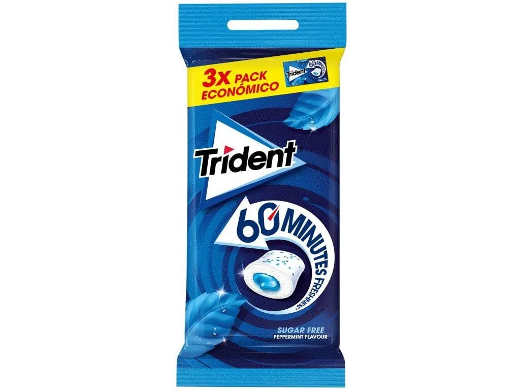 Pastilhas s/acucar Trident 60 min peppermint 3 x 22 g