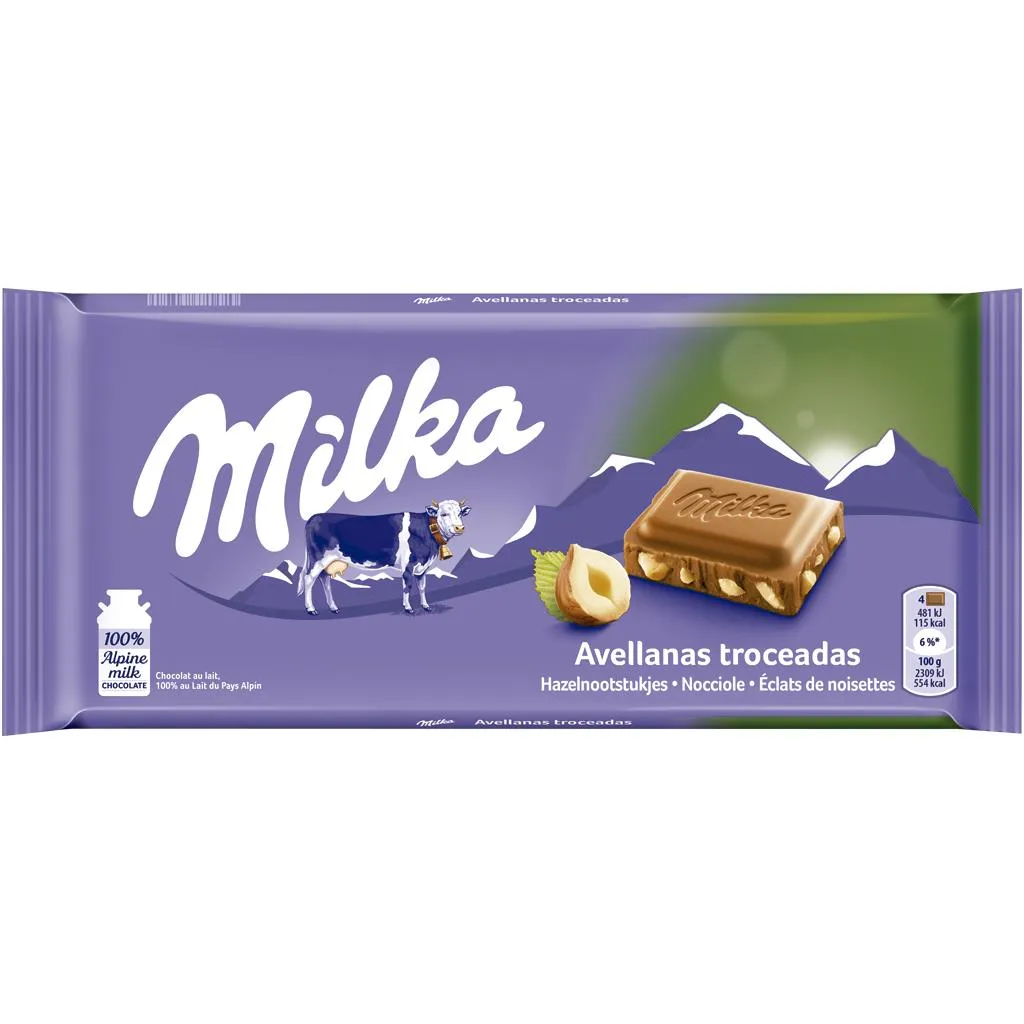 Tablete de chocolate pedaços de avelãs, embalagem de 100g
