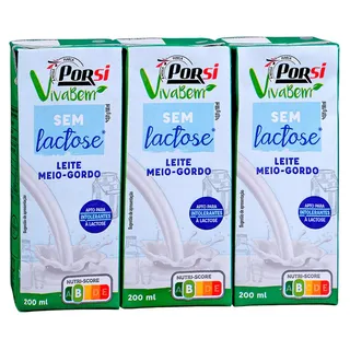 Leite Uht Meio-gordo sem Lactose 3x200ml Porsi Vivabem