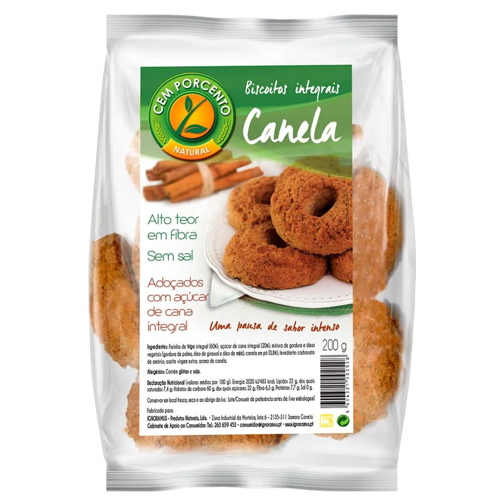 Biscoitos integrais canela, embalagem de 200g