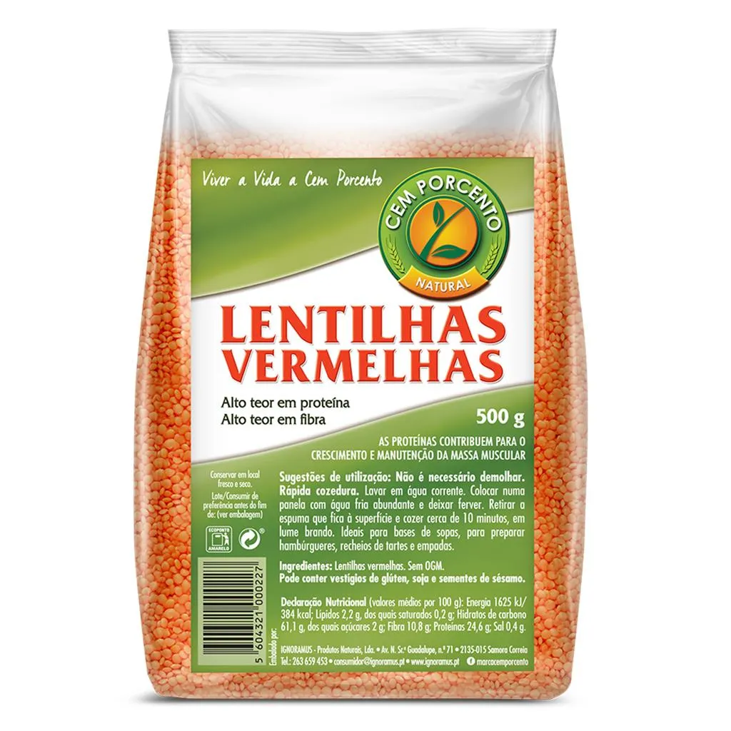 Lentilhas vermelhas, embalagem de 500g