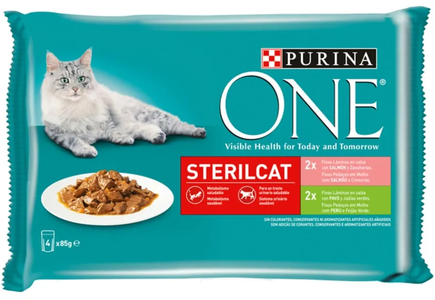 Comida gatos One esterilizados peru e salmão 4x85 g